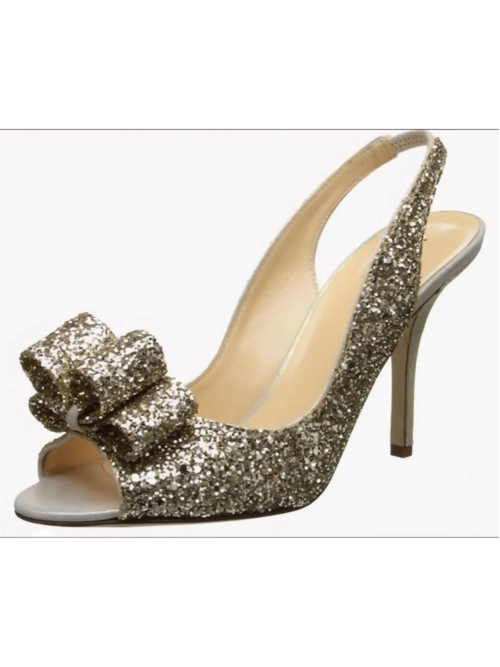 KATE SPADE Charm‎ Gold Glitter Bow Peep Toe Slingback Sandals Wedding Size 6.5